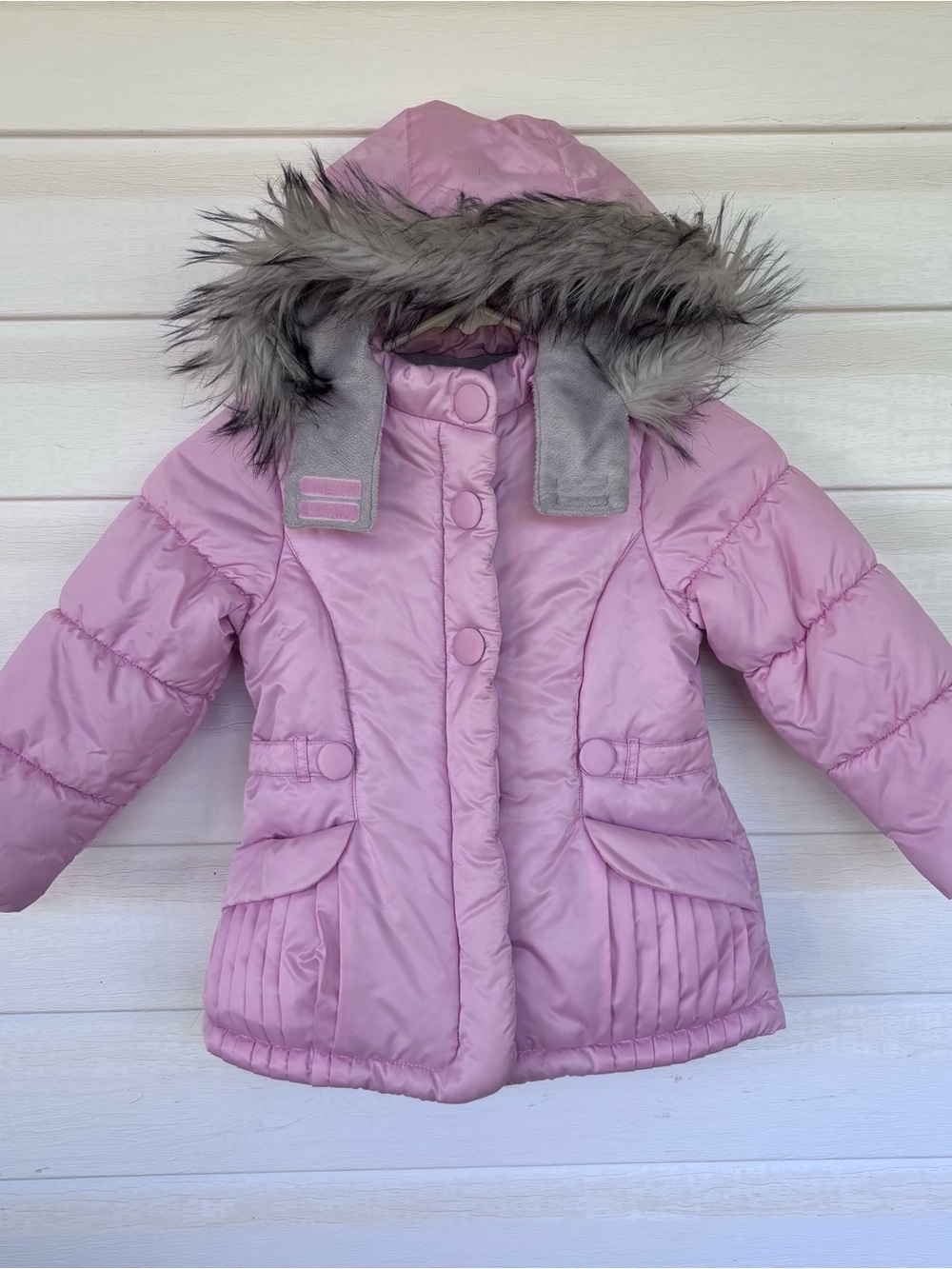 London Fog Girls' Light Pink Hooded Puffer Coat with Faux Fur Trim